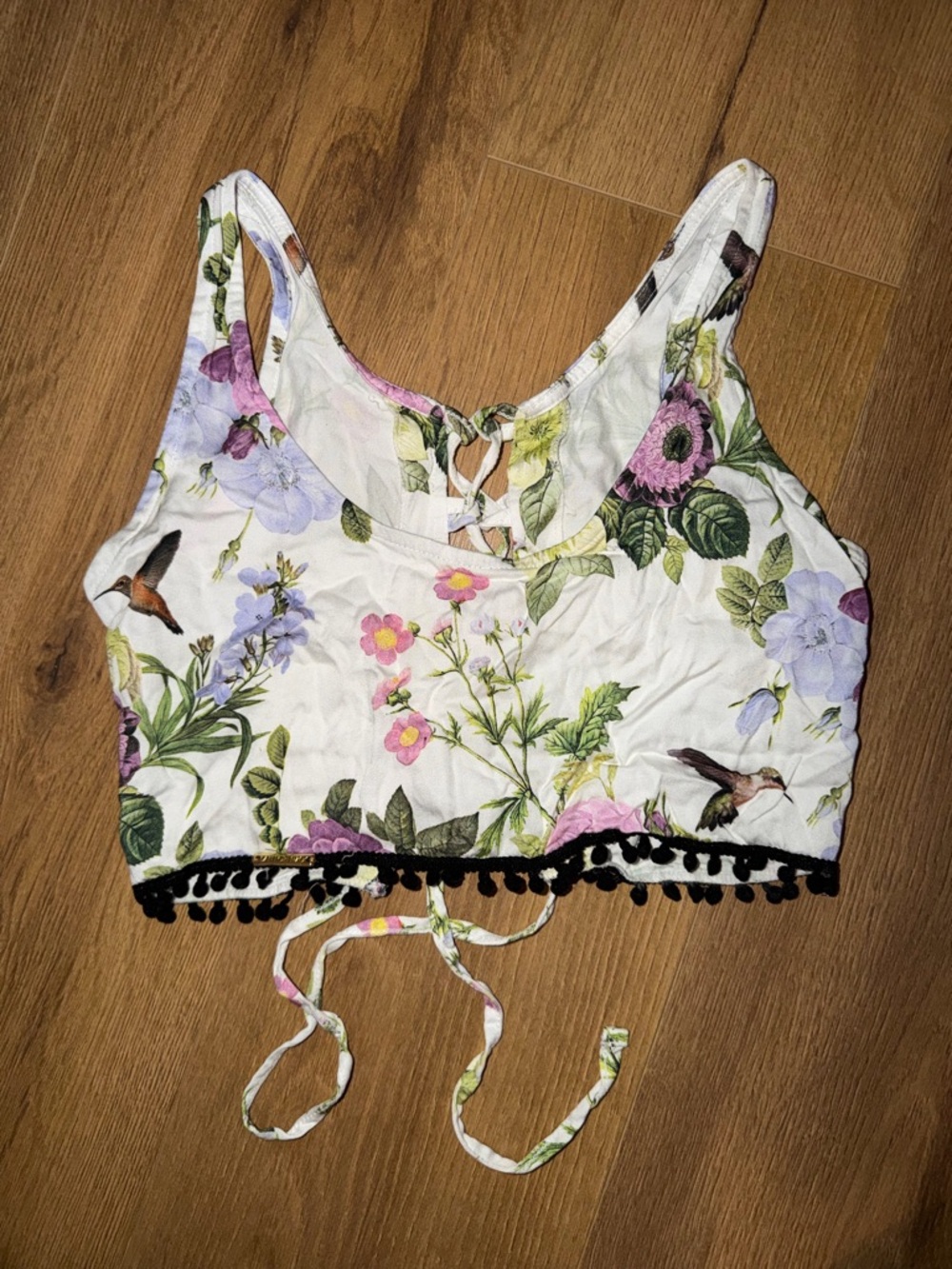 San Lorenzo White Floral Lace-Up Crop Top with Black Pom Trim